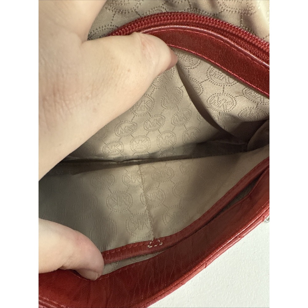 Michael Kors Hippie Grommet Sloan Large Quilted Shoulder Flap Handbag Red Silver - Picture 10 of 11